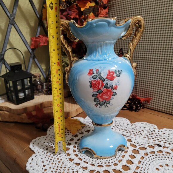 Blue Vintage Italian Porcelain Urn Vase with Pink Roses - Picture 11 of 13